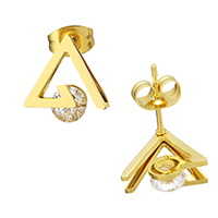 Stainless Steel Stud Earrings Triangle gold color plated with cubic zirconia Sold By Pair