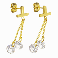 Stainless Steel Dangle Earring with Cubic Zirconia gold color plated 39mm Sold By Pair