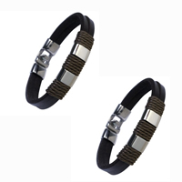 Men Bracelet, Cowhide, with Waxed Cotton Cord & Tibetan Style, Tibetan Style clasp, platinum color plated, for man, black, nickel, lead & cadmium free, Length:Approx 6.7 Inch, 3Strands/Lot, Sold By Lot