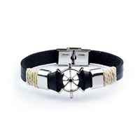 Men Bracelet Cowhide with Waxed Cotton Cord & Zinc Alloy zinc alloy magnetic clasp Ship Wheel platinum color plated nautical pattern & for man black nickel lead & cadmium free Length Approx 6.7 Inch Sold By Lot