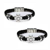 Men Bracelet, PU Leather, with Hematite & Tibetan Style, Tibetan Style magnetic clasp, Ship Wheel, platinum color plated, braided bracelet & nautical pattern & for man, black, nickel, lead & cadmium free, Length:Approx 6.7 Inch, 3Strands/Lot, Sold By Lot