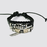 Men Bracelet, Cowhide, with Waxed Cotton Cord & PU Leather & Hematite & Tibetan Style, Feather, platinum color plated, braided bracelet & charm bracelet & adjustable & for man & 3-strand & blacken, black, nickel, lead & cadmium free, Length:Approx 6.7 Inch, 3Strands/Lot, Sold By Lot