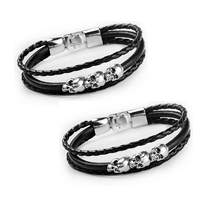 Men Bracelet Cowhide with PU Leather & Zinc Alloy zinc alloy clasp Skull platinum color plated for man &  & blacken black nickel lead & cadmium free Length Approx 6.7 Inch Sold By Lot