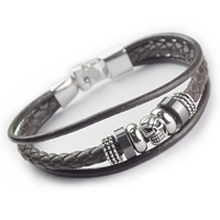 Men Bracelet, Cowhide, with PU Leather & Hematite & Tibetan Style, stainless steel clasp, Skull, platinum color plated, for man & 3-strand & blacken, deep coffee color, nickel, lead & cadmium free, Length:Approx 6.7 Inch, 3Strands/Lot, Sold By Lot