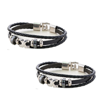 Men Bracelet Cowhide with PU Leather & Hematite & Zinc Alloy stainless steel clasp platinum color plated for man &  black nickel lead & cadmium free Length Approx 6.7 Inch Sold By Lot