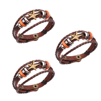Men Bracelet Cowhide with PU Leather & Hematite & Wood & Zinc Alloy Star plated adjustable & for man &  deep coffee color nickel lead & cadmium free Length Approx 6.7 Inch Sold By Lot