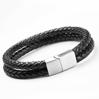 Armband för män, Kohud, zinklegering magnetlås, för människan & 2-tråd, svart, Längd Ca 6.7 inch, 3Strands/Lot, Säljs av Lot