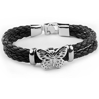 Men Bracelet, PU Leather, with Tibetan Style, Tibetan Style clasp, Butterfly, platinum color plated, for man & 2-strand, black, nickel, lead & cadmium free, Length:Approx 6.7 Inch, 3Strands/Lot, Sold By Lot