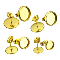 Stainless Steel Earring Stud Component Flat Round gold color plated Sold By Lot