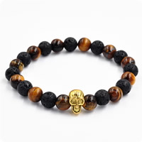 Lava Bracelet with Tiger Eye & Zinc Alloy Skull antique gold color plated natural & Unisex nickel lead & cadmium free 8mm Length Approx 7.5 Inch Sold By Lot