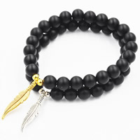 Black Agate Bracelets, with Tibetan Style, Feather, plated, natural & charm bracelet & Unisex & frosted, more colors for choice, nickel, lead & cadmium free, 8mm, Length:Approx 7.5 Inch, 3Strands/Lot, Sold By Lot