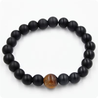Black Agate Bracelets, with Tiger Eye, natural, for man & frosted, 8mm, 10mm, Length:Approx 7.5 Inch, 2Strands/Lot, Sold By Lot