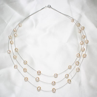 Freshwater Pearl Brass Necklace, with Freshwater Pearl, Potato, platinum color plated, natural & 3-strand, nickel, lead & cadmium free, 5-6mm, Sold Per Approx 16 Inch Strand