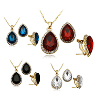 Crystal Jewelry Sets, earring & necklace, Brass, with Crystal, with 2.5lnch extender chain, Teardrop, gold color plated, Singapore chain & faceted & with rhinestone, more colors for choice, nickel, lead & cadmium free, 16.5x26x7.5mm, 1.6mm, 16.5x23x18mm, Length:Approx 16 Inch, 12Set/Lot, Sold By Lot