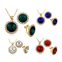 Crystal šperky Soupravy, náušnice & náhrdelník, Mosaz, s Krystal, s 2.5lnch extender řetězce, Květina, barva pozlacený, Singapur řetěz & tváří & s drahokamu, více barev na výběr, nikl, olovo a kadmium zdarma, 20x23.5x8mm, 1.8mm, 20x20x19mm, Délka Cca 16 inch, 12nastavit/Lot, Prodáno By Lot