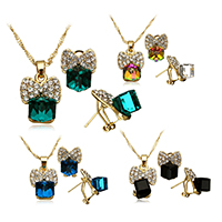 Crystal Jewelry Sets, earring & necklace, Brass, with Crystal, with 2.7lnch extender chain, Bowknot, gold color plated, Singapore chain & faceted & with rhinestone, more colors for choice, nickel, lead & cadmium free, 14x20x10mm, 1.6mm, 14x18x23mm, Length:Approx 16 Inch, 12Set/Lot, Sold By Lot