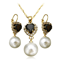 Brass Jewelry Set, earring & necklace, with Glass Pearl, with 2.7lnch extender chain, Heart, gold color plated, Singapore chain & with cubic zirconia & faceted & with rhinestone, nickel, lead & cadmium free, 12x33x12mm, 1.6mm, 12x16x12mm, 38mm, Length:Approx 16 Inch, 12Set/Lot, Sold By Lot