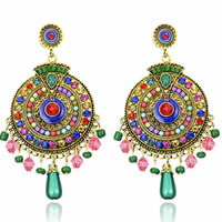 Tibetan Style Drop Earring, with ABS Plastic Pearl & Crystal & Glass Seed Beads & Resin, stainless steel post pin, Flat Round, antique bronze color plated, with rhinestone, lead & cadmium free, 40x85mm, 3Pairs/Bag, Sold By Bag