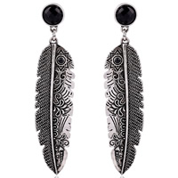 Tibetan Style Drop Earring, with plastic earnut & Crystal, stainless steel post pin, Feather, antique silver color plated, faceted, lead & cadmium free, 65x13mm, Sold By Pair