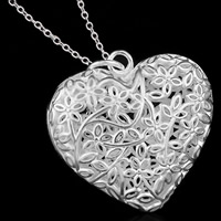 Brass Heart Pendants, real silver plated, hollow, lead & cadmium free, 32x32mm, Hole:Approx 3-5mm, 10PCs/Bag, Sold By Bag