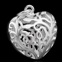Brass Heart Pendants, real silver plated, hollow, lead & cadmium free, 26x27mm, Hole:Approx 3-5mm, 10PCs/Bag, Sold By Bag