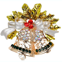 Christmas Brooches Zinc Alloy Christmas Bell gold color plated Christmas jewelry & for woman & enamel & with rhinestone & hollow nickel lead & cadmium free Sold By Lot