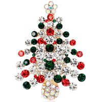 Christmas Brooches, Tibetan Style, Christmas Tree, gold color plated, Christmas jewelry & for woman & with rhinestone, nickel, lead & cadmium free, 41x57mm, 3PCs/Lot, Sold By Lot