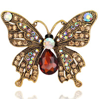 Rhinestone Brooch, Tibetan Style, with Crystal, Butterfly, antique gold color plated, for woman & faceted & with rhinestone, nickel, lead & cadmium free, 51x39mm, 3PCs/Lot, Sold By Lot