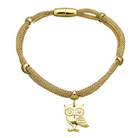 Stainless Steel Jewelry Bracelet, Owl, gold color plated, charm bracelet & mesh chain & for woman, 15x18x2mm, 3mm, 16x7x7mm, Sold Per Approx 8 Inch Strand