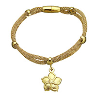 Stainless Steel Jewelry Bracelet, Flower, gold color plated, charm bracelet & mesh chain & for woman, 17x19.5x3.5mm, 3mm, 16x7x7mm, Sold Per Approx 7 Inch Strand