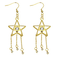 Stainless Steel Dangle Earring Star gold color plated with rhinestone 82mm Sold By Pair