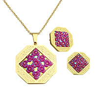 Resin Jewelry Sets, earring & necklace, Stainless Steel, with Resin, Octagon, gold color plated, oval chain, 34x37x6mm, 2.5x2x0.5mm, 20x20x16mm, Length:Approx 20 Inch, Sold By Set