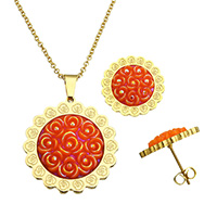 Resin Jewelry Sets earring & necklace Stainless Steel with Resin Flower gold color plated oval chain   Length Approx 20 Inch Sold By Set
