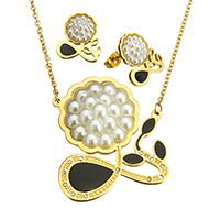 Rhinestone Stainless Steel Jewelry Set, earring & necklace, with Plastic Pearl, Flower, gold color plated, oval chain & enamel & with rhinestone, 35x40x8.5mm, 2.5x2x0.5mm, 15x17x16mm, Length:Approx 19 Inch, Sold By Set