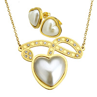 Rhinestone Stainless Steel Jewelry Set, earring & necklace, with Plastic Pearl, Heart, gold color plated, oval chain & with rhinestone, 51x41x9mm, 2.5x2x0.5mm, 14x14x17.5mm, Length:Approx 20 Inch, Sold By Set