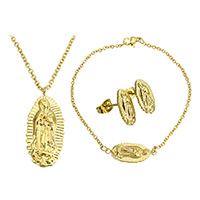 Parures de bijoux en acier inoxydable, Bracelet & boucle d'oreille & collier, Vierge Marie, Placage de couleur d'or, bijoux Christian & chaîne ovale, 14.5x32x4mm, 2.5x2x0.5mm, 26x10x3mm, 2.5x2x0.5mm, 7x13x14mm, Longueur:Environ 20 pouce, Environ 8 pouce, Vendu par fixé