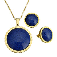 Resin Jewelry Sets, earring & necklace, Stainless Steel, with Resin, Flat Round, gold color plated, oval chain, 36x39x8mm, 2.5x2x0.5mm, 16.5x18mm, Length:Approx 20 Inch, Sold By Set
