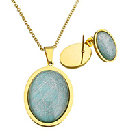 Resin Jewelry Sets earring & necklace Stainless Steel with Resin Flat Oval gold color plated drawbench & oval chain   Length Approx 20 Inch Sold By Set