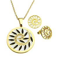Rhinestone Stainless Steel Jewelry Set, earring & necklace, Flat Round, gold color plated, oval chain & enamel & with rhinestone & hollow, 32x35x2mm, 2.5x2x0.5mm, 15.5x13mm, Length:Approx 20 Inch, Sold By Set