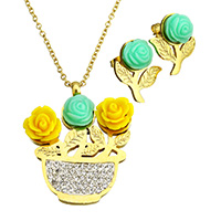 Resin Jewelry Sets, earring & necklace, Stainless Steel, with Rhinestone Clay Pave & Resin, Flower, gold color plated, oval chain, 33x38x8mm, 2.5x2x0.5mm, 17x20x18.5mm, Length:Approx 20 Inch, Sold By Set