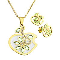 Rhinestone Stainless Steel Jewelry Set, earring & necklace, with Crystal, Apple, gold color plated, oval chain & enamel & with rhinestone, 31.5x35.5x2mm, 2.5x2x0.5mm, 16x16.5x13mm, Length:Approx 18.5 Inch, Sold By Set