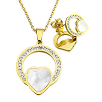 Resin Jewelry Sets earring & necklace Stainless Steel with Rhinestone Clay Pave & Resin Heart gold color plated oval chain   Length Approx 20 Inch Sold By Set
