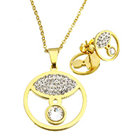 Rhinestone Stainless Steel Jewelry Set, earring & necklace, with Rhinestone Clay Pave & Crystal, Flat Round, gold color plated, oval chain, 30x33x4.5mm, 2.5x2x0.5mm, 14x14.5mm, Length:Approx 18 Inch, Sold By Set