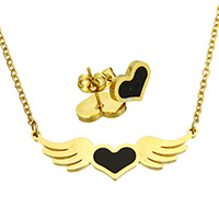 Resin Jewelry Sets, earring & necklace, Stainless Steel, with Resin, Winged Heart, gold color plated, oval chain, 39x12x2mm, 2.5x2x0.5mm, 12x9x14mm, Length:Approx 20 Inch, Sold By Set