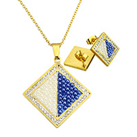 Rhinestone Stainless Steel Jewelry Set, earring & necklace, with Clay Pave & Plastic Pearl, Rhombus, gold color plated, oval chain & with rhinestone, 39x43x3mm, 2.5x2x0.5mm, 18x18x14mm, Length:Approx 20 Inch, Sold By Set