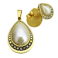 Rhinestone Stainless Steel Jewelry Set, pendant & earring, with Plastic Pearl, Teardrop, gold color plated, enamel & with rhinestone, 26x38.5x9mm, 13.5x16x17mm, Hole:Approx 4.6x8.5mm, Sold By Set