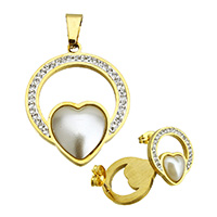 Rhinestone Stainless Steel Jewelry Set, pendant & earring, with Rhinestone Clay Pave & Plastic Pearl, Heart, gold color plated, 28.5x36x5mm, 15.5x17.5x16mm, Hole:Approx 4.6x8.7mm, Sold By Set
