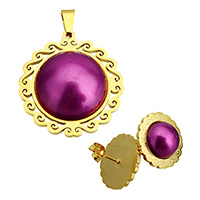 Fashion Stainless Steel Jewelry Sets, pendant & earring, with Plastic Pearl, Flower, gold color plated, 35x38x12mm, 18x18x19mm, Hole:Approx 4.5x8.7mm, Sold By Set