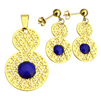 Cat Eye Jewelry Set, pendant & earring, Stainless Steel, with Cats Eye, Calabash, gold color plated, hollow, 25x40x4mm, 16x25.5x3mm, Hole:Approx 4x8.5mm, Sold By Set