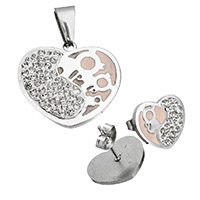 Rhinestone Stainless Steel Jewelry Set, pendant & earring, with Rhinestone Clay Pave, Heart, enamel, pink, 25x22.5x3mm, 16x13x14mm, Hole:Approx 4.2x8mm, Sold By Set